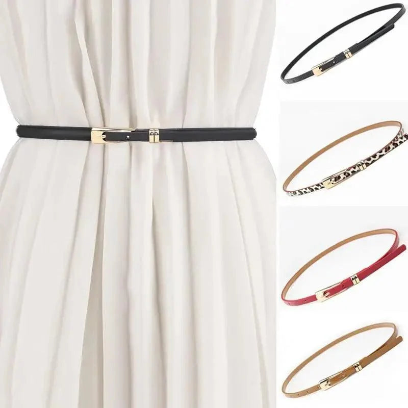 Elegant Leather Adjustable Thin Belt For Women Unique Black Design Ladies Belt High Quality Charming Waistbands For Dress