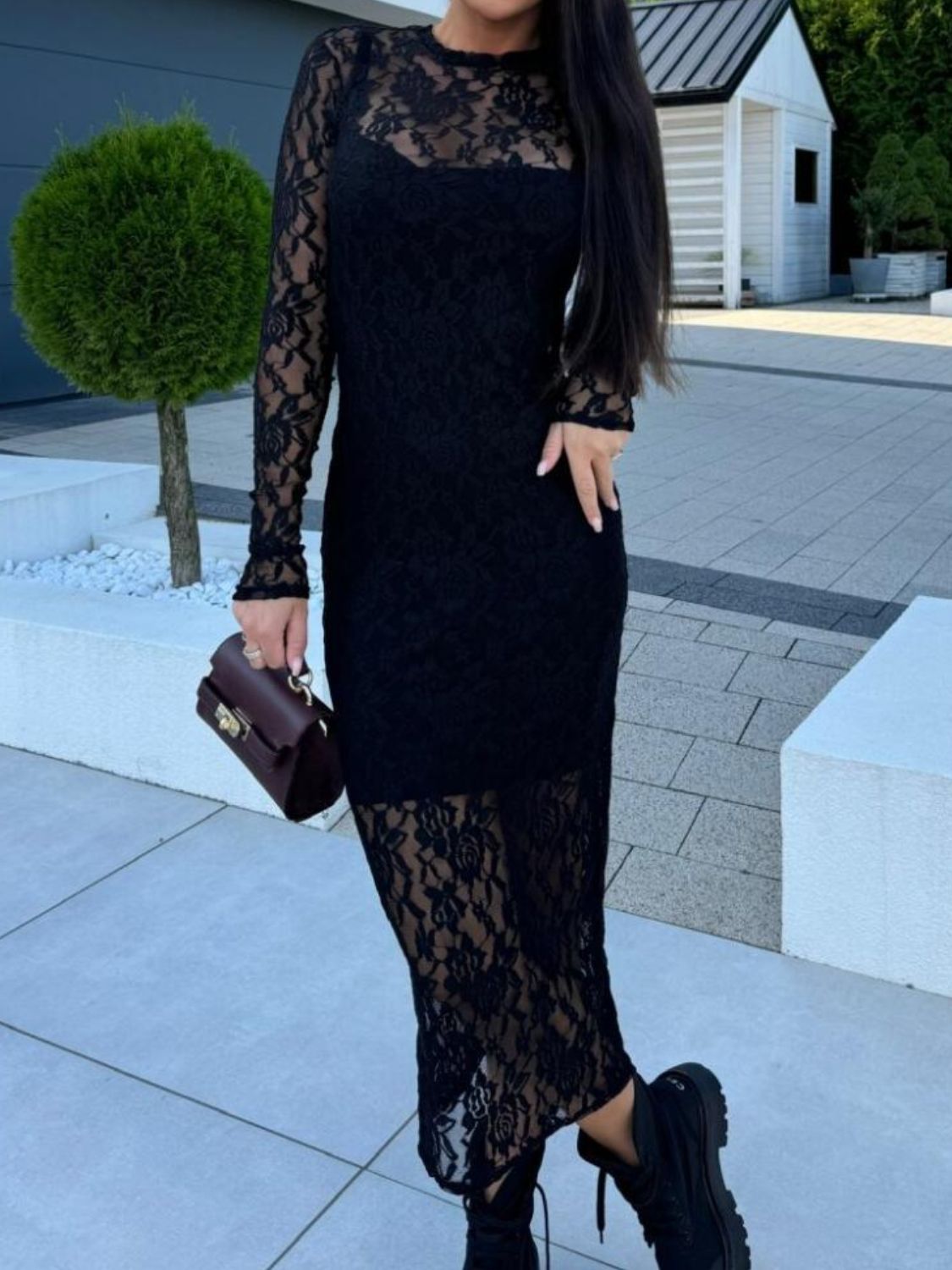 Black Lace Round Neck Long Sleeve Midi Dress Timeless & Elegant Design Women Dress