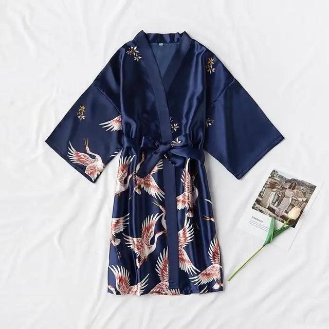 Fashion Blue Floral Bird Print Stylish Bathrobes Modern Comfortable Design Silk Soft Sleepwear For Women