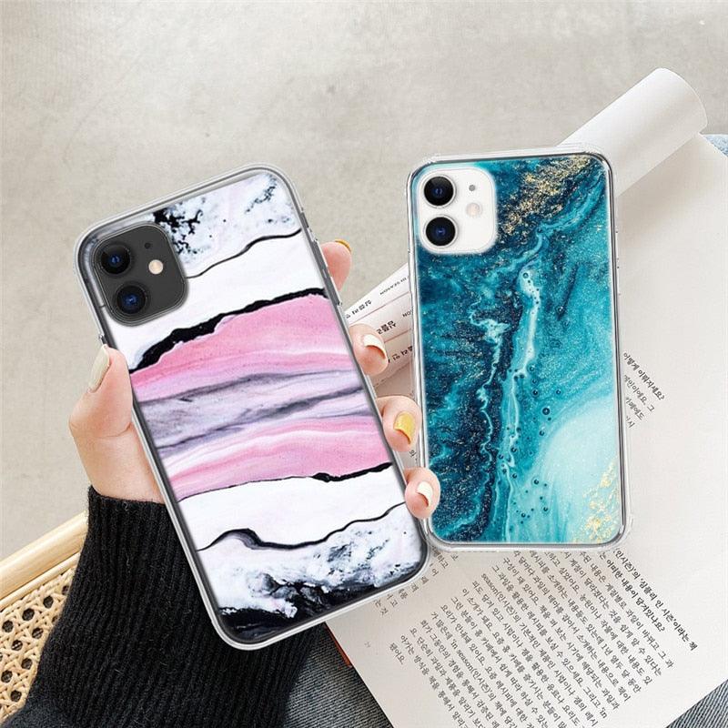 Fashion Marble Pattern Phone Case For iPhone 13 12 11 Pro Max 7 8 6 6S Plus X XR XS Max 12Mini 5 5S SE Cute Soft TPU Cover Full Body Protection with Raised Bezel