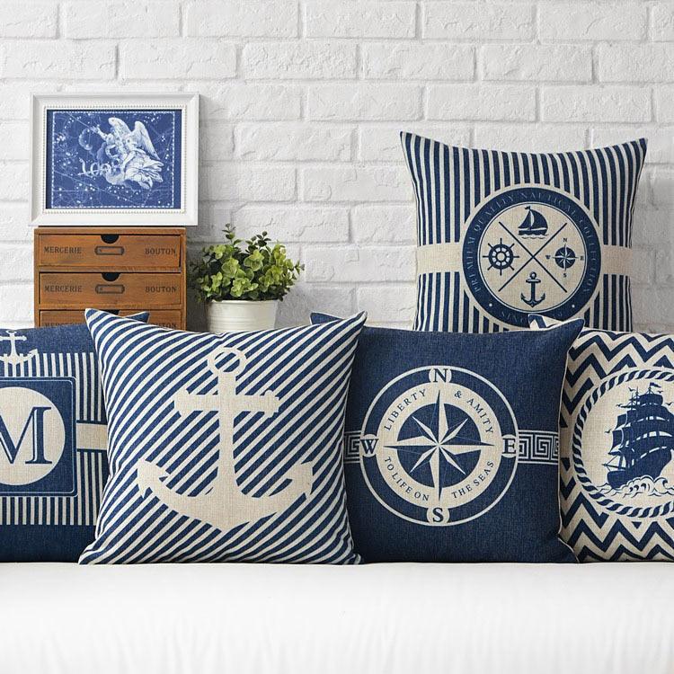 Home Decorative Pillows Mediterranean Pillow Cover Blue Anchor Navigation Compass Sailboat Pillowcase Decorative Cushion Cover For Home Cover Sea Blue Compass Marine Ship Linen Pillow Case Cushion Cover 45x45CM