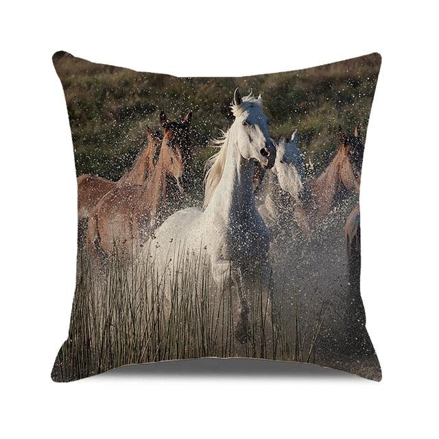 Horse Pattern Pillow Cover Running Horses Cotton Linen Square Cushion Cover Standard Pillowcase for Men Women Home Decorative Sofa Armchair Bedroom Livingroom Farmhouse 45x45CM