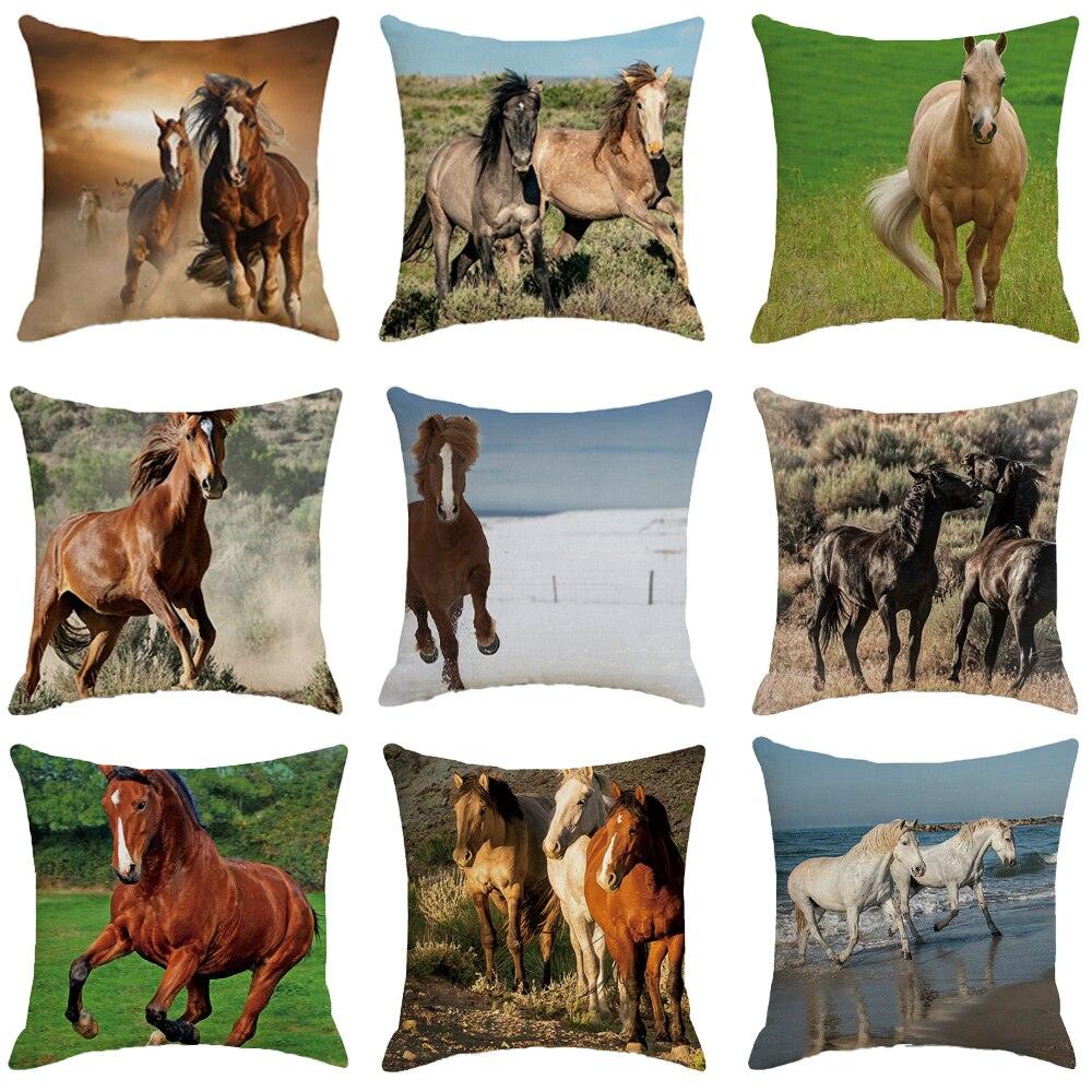 Horse Pattern Pillow Cover Running Horses Cotton Linen Square Cushion Cover Standard Pillowcase for Men Women Home Decorative Sofa Armchair Bedroom Livingroom Farmhouse 45x45CM