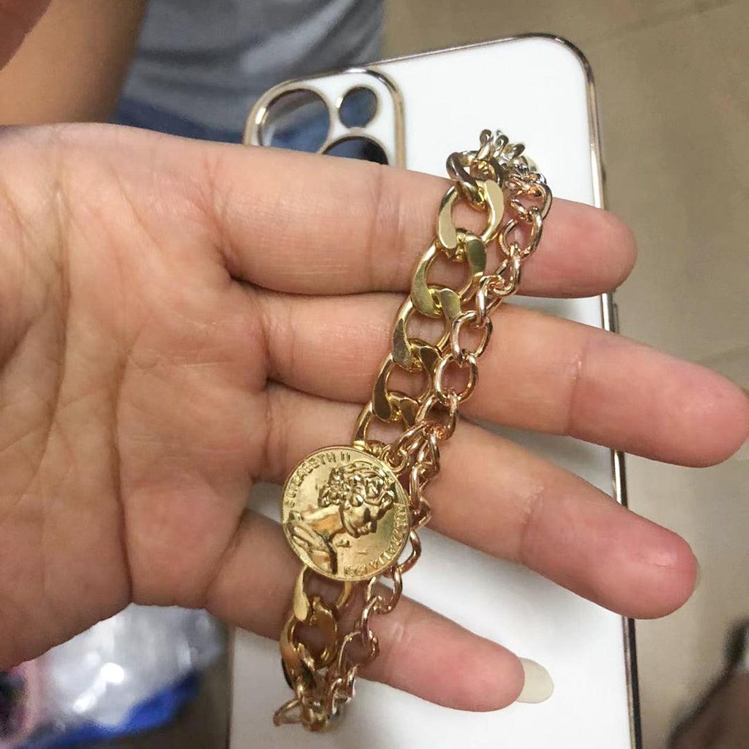 Luxury Glossy Gold Color Metal Coin Bracelet Chain Protective Case Cover For iPhone Soft Case for iPhone 13 12 Pro Max 14 11 pro max X XS XR 7 8 Plus Cover