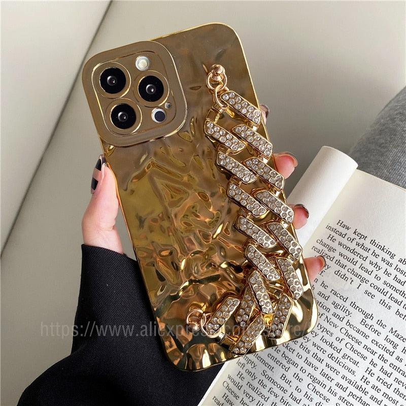 Luxury Gold Plating Electroplated Bracelet Cute Compatible with iPhone Diamond Case Luxury Sparkle Glitter Rhinestone Phone Case For iPhone 14 13 Promax 11 12 Pro Max Mini Xs Max XR 8 7 Plus Mirror Cover