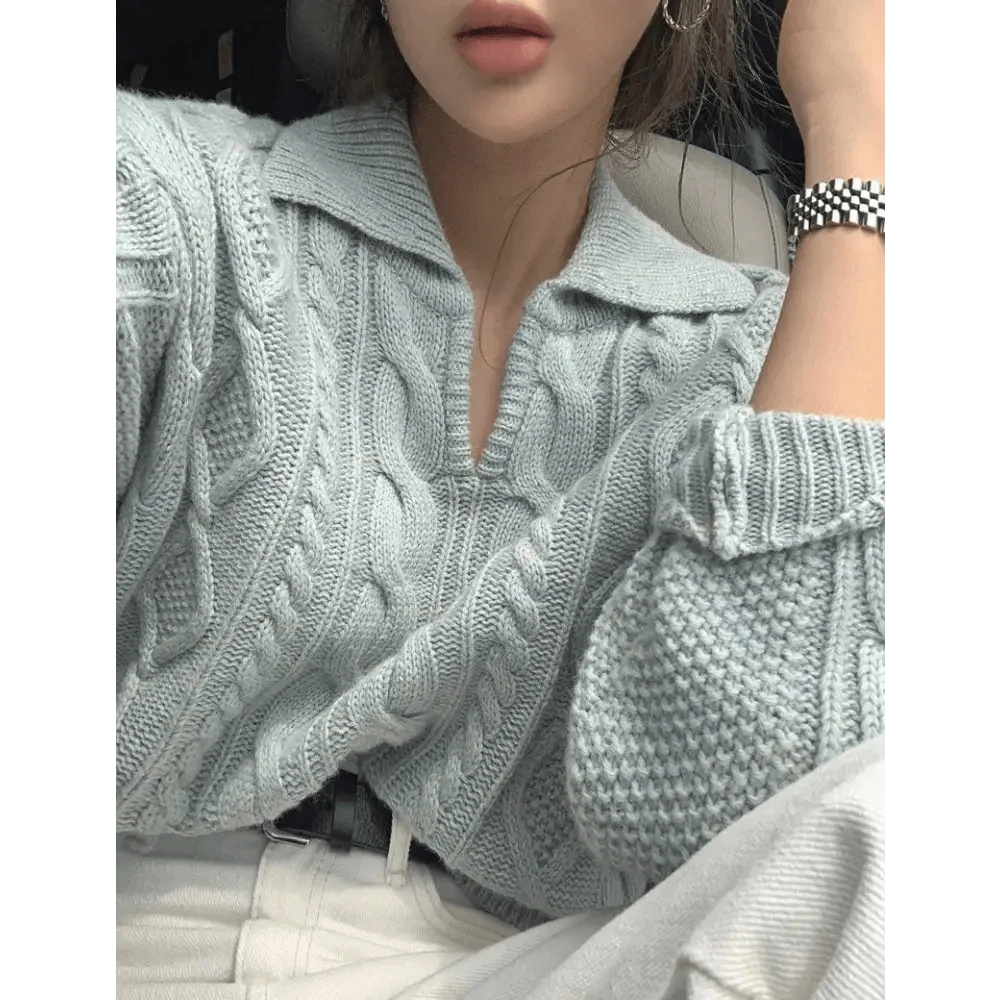 Luxury Kitty Retro Women Sweater Pullovers Knitted Casual Solid Autumn Turn-down Collar Feminine Loose All Match Soft Sweet Tops