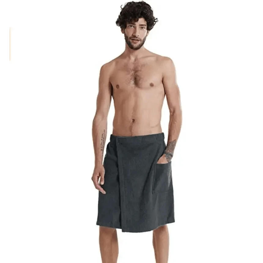 Men Plush Fleece Wrap Spa Gym Bath Wrap Solid Color Classy Design Bathrobes With Pocket Trendy Men's Bath Wrap