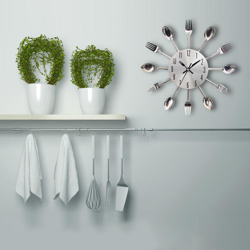 Metal Kitchen Wall Clock Creative Kitchen Wall Clock 3D Modern Creative Kitchen Cutlery Spoon Fork Time Like Wall Clock Wall Sticker Room Home Decoration Quartz Wall Art Cutlery Mounted Clocks Modern Design Home Decorative