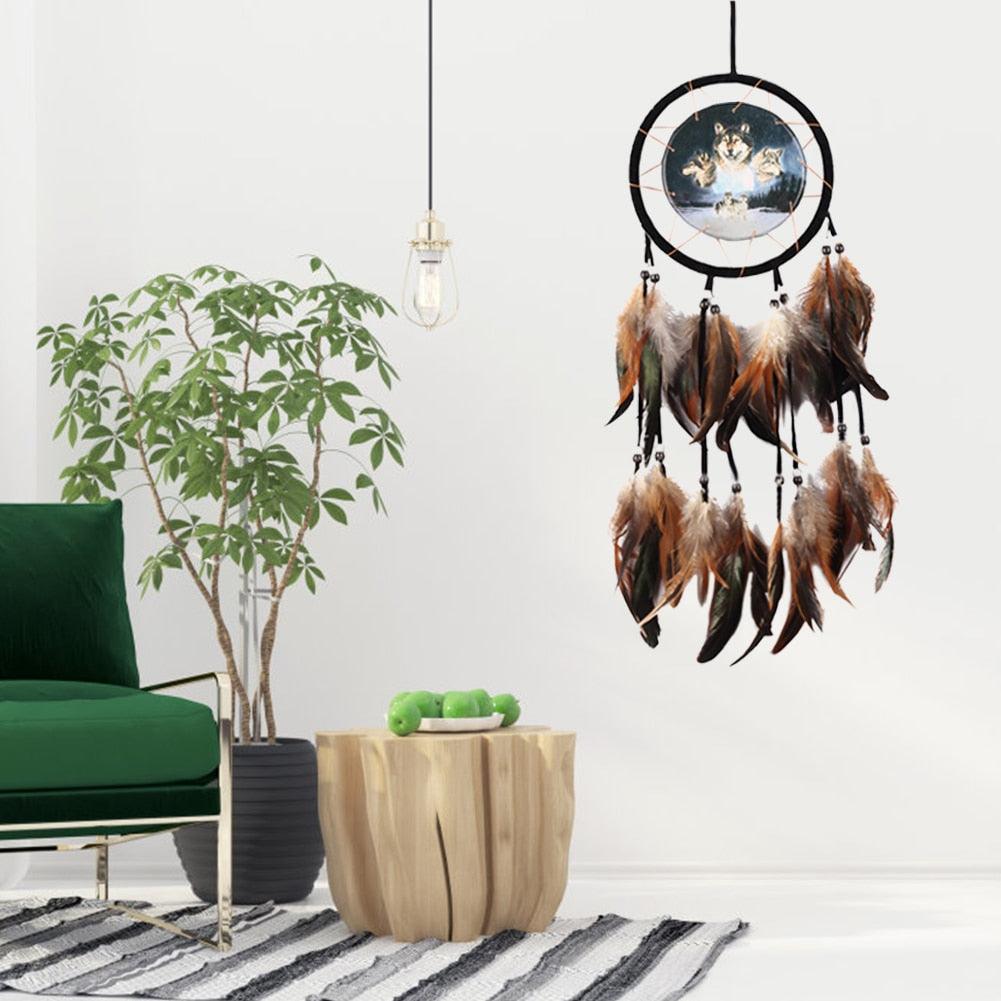 Modern Dream Catcher Wolf Totem Car Hanging Ornaments Pendant Wolf Decor Traditional Feather Wind Chimes Handmade For Bedroom Wall Hanging Home Decorations Crafts