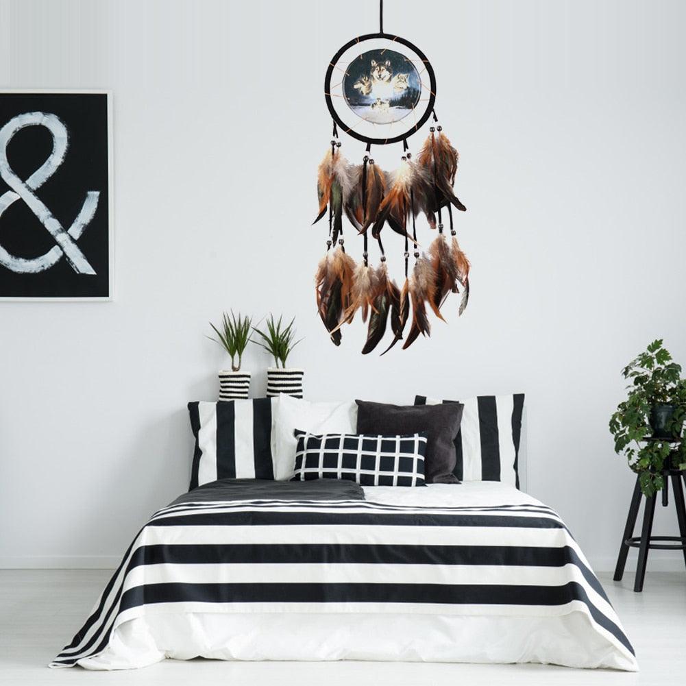 Modern Dream Catcher Wolf Totem Car Hanging Ornaments Pendant Wolf Decor Traditional Feather Wind Chimes Handmade For Bedroom Wall Hanging Home Decorations Crafts