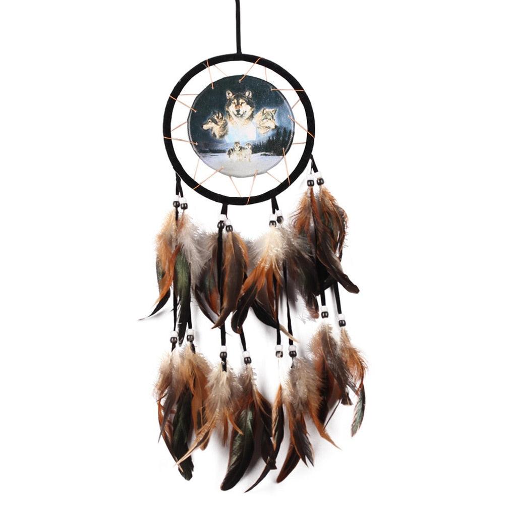 Modern Dream Catcher Wolf Totem Car Hanging Ornaments Pendant Wolf Decor Traditional Feather Wind Chimes Handmade For Bedroom Wall Hanging Home Decorations Crafts
