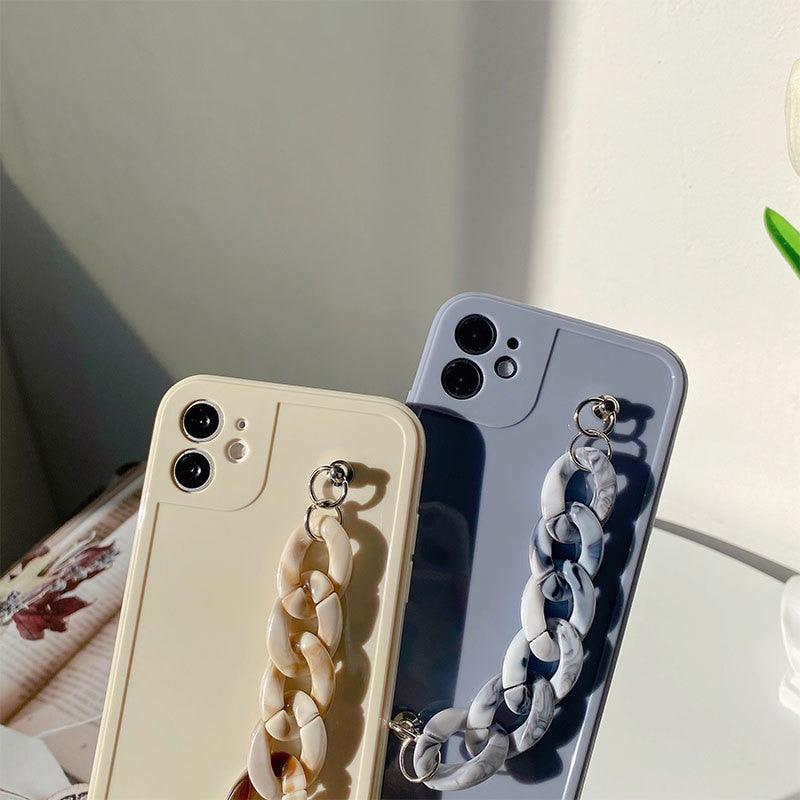 Modern Pure Color Sparkle Strap Luxury Classic Design Solid Color Chain Protective Cover Simple Wrist Chain Phone Case For iPhone 13 Pro Max XS MAX 14 Pro Max XR XS 7 8 Plus SE Soft Shell Cover For Iphone