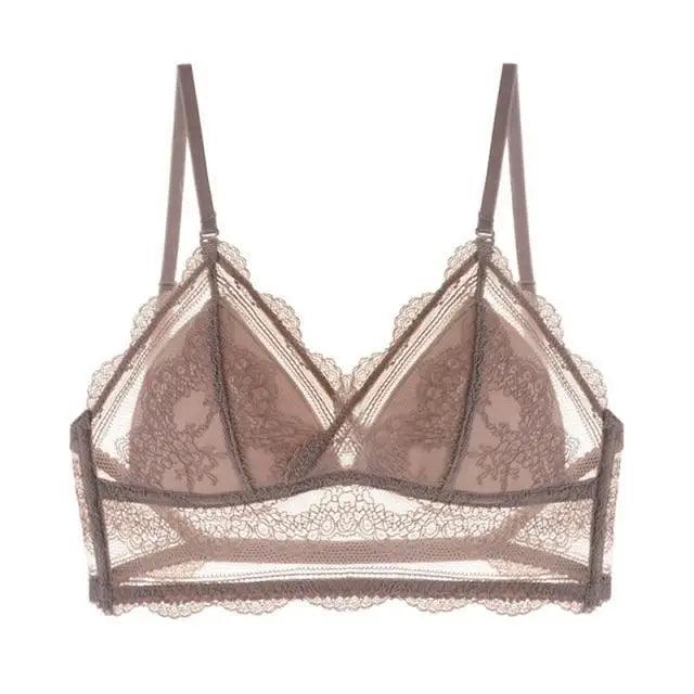 New Splendid French Style Lingerie Soft Bralette Deep V Lace Wireless Triangular Padded Cups Backless Bra