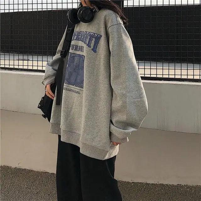 New Spring Autumn O-Neck Pullover Women Loose Clothes Oversized Sweatshirt Vintage Oversized Sweatshirt Women Embroidered Retro Letter Print Long Sleeve Shirt Crew Neck Sweatshirt