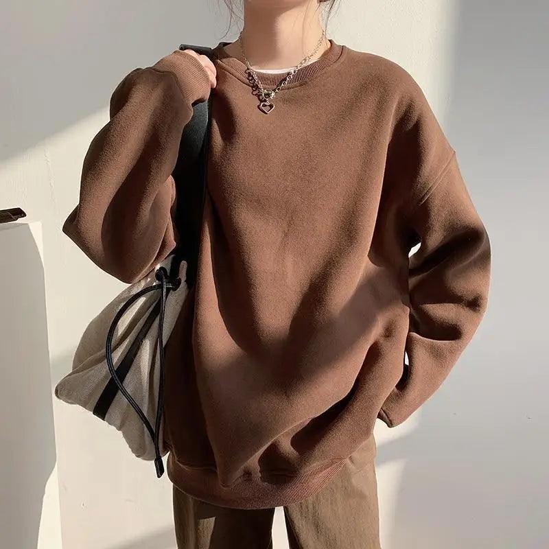New Spring Fleece Thick Sweatshirt Vintage Solid Warm O Neck Pullover Grey Brown Lady New All-Match Hooded Autumn Women Pullover Round Neck Large Size Loose Long Sleeve Sweatshirt