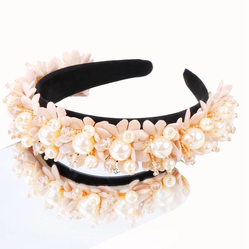 Flower Pearl Headbands Crystal Beads Embellishment Wide Hairbands Women Wedding Party Crown Tiara Gorgeous Hair Accessories For Women