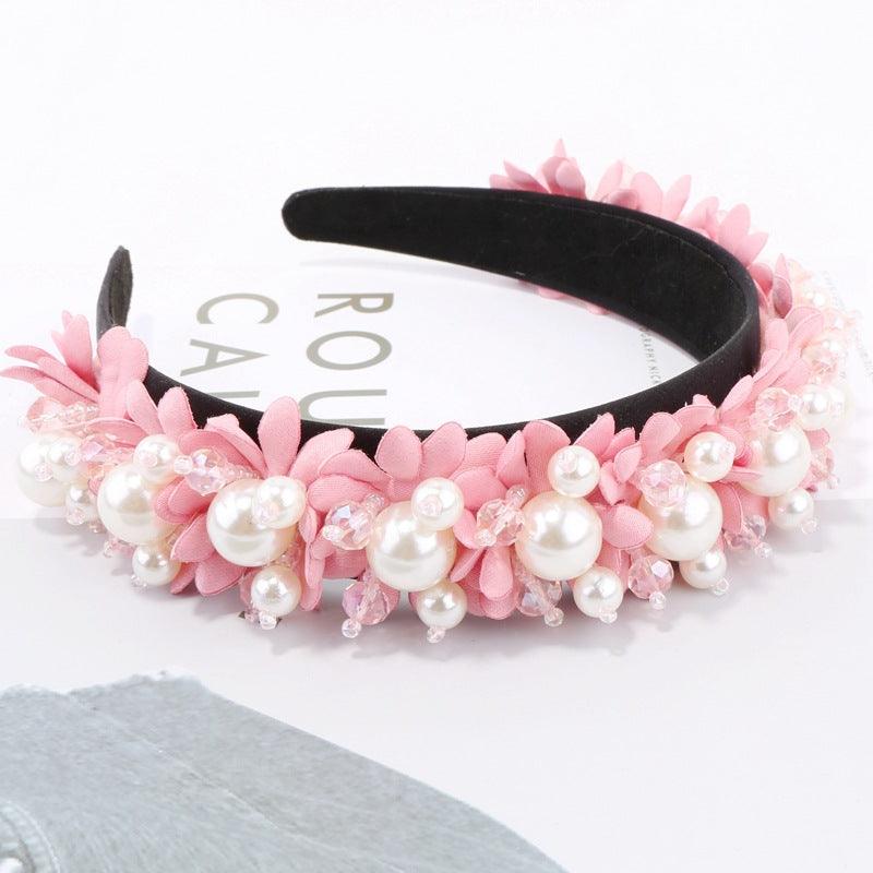 Flower Pearl Headbands Crystal Beads Embellishment Wide Hairbands Women Wedding Party Crown Tiara Gorgeous Hair Accessories For Women