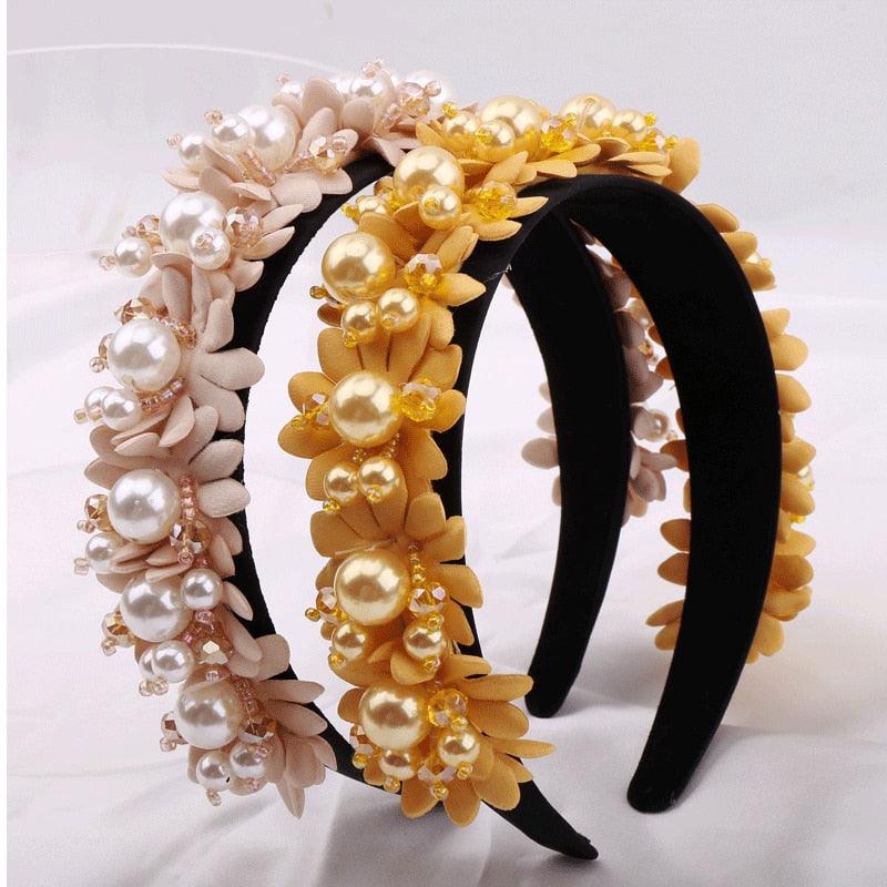 Flower Pearl Headbands Crystal Beads Embellishment Wide Hairbands Women Wedding Party Crown Tiara Gorgeous Hair Accessories For Women