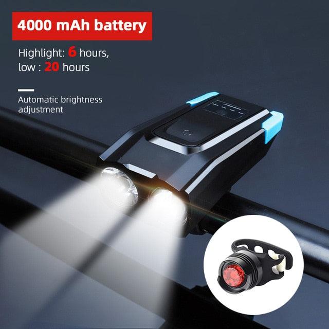 4000mAh Bicycle Front Light Set USB Rechargeable Smart Headlight With Horn 800 Lumen LED Bicycle Light Set USB Rechargeable Super Bright Bike Headlight