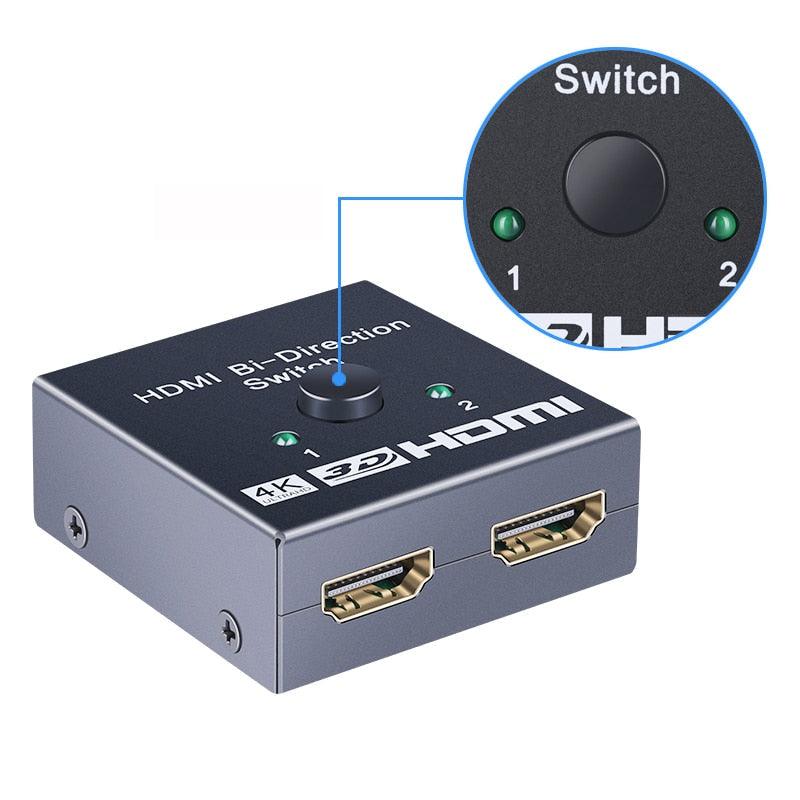 4K HDMI Switch Splitter 2 Ports Bi-Directional HDMI Switch 2 Port Display Selector Switcher Splitter Supports Ultra HD 4K 1080P 3D HDR For HDTV Gaming