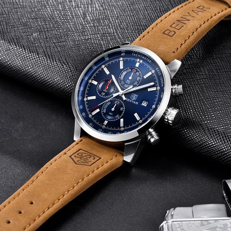 Stylish Wrist Watch For Men Genuine Leather Strap Watch Perfect Quartz Movement And Scratch Resistant Analog Chronograph Business Watches