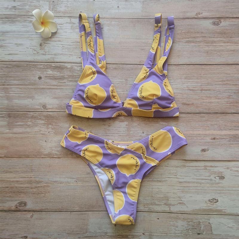 Summer Bikini Stylish Swimwear Women Halter Push Up Bikini Women's Neck Triangle Bikini Set Leopard Print Two Piece Swimsuits Set Swimsuit Female Lemon Print Bandage Bathing Suit