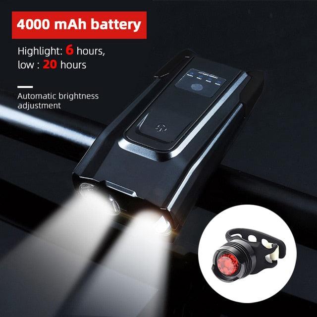4000mAh Bicycle Front Light Set USB Rechargeable Smart Headlight With Horn 800 Lumen LED Bicycle Light Set USB Rechargeable Super Bright Bike Headlight