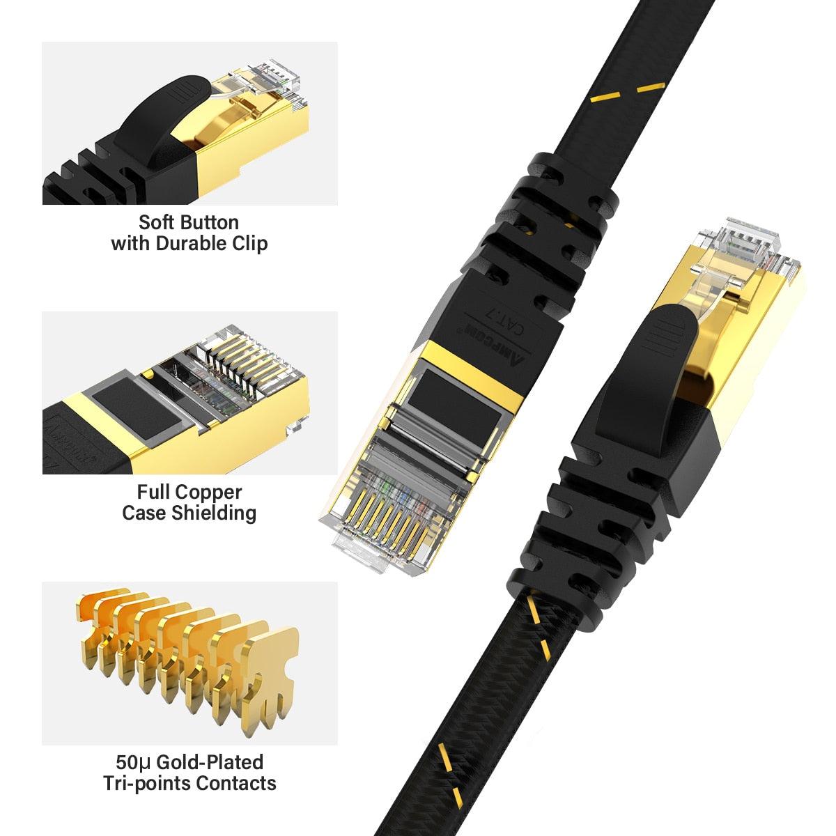 CAT7 Ethernet Cable 10G 600MHz Shielded Flat RJ45 Internet Network Patch Cord Fast LAN Wire Network Gold Plated Lead Polyester Braided For Gaming