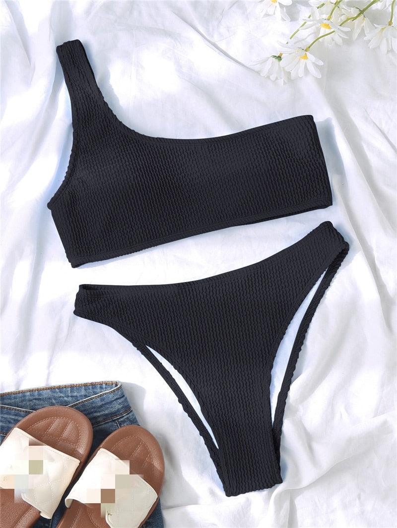 Women One-Shoulder Bikini Swimsuit Women Push Up Swimwear Women's Bathing Suit Comfortable Bikini Ribbed Two Piece Swimsuit Bikini Set Summer Bathing Suit Beach Wear Swimming Suit