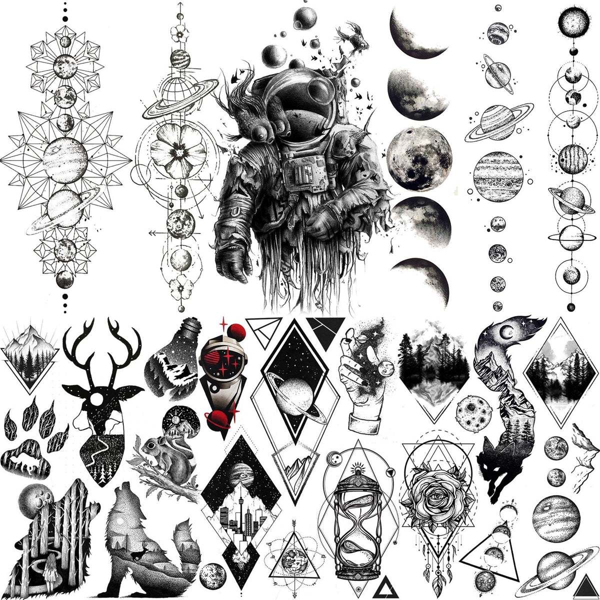 Realistic Black Temporary Small Big Tattoos Space Planets Animals Tatoos Waterproof Face Hands Tattoos For Girls Mens