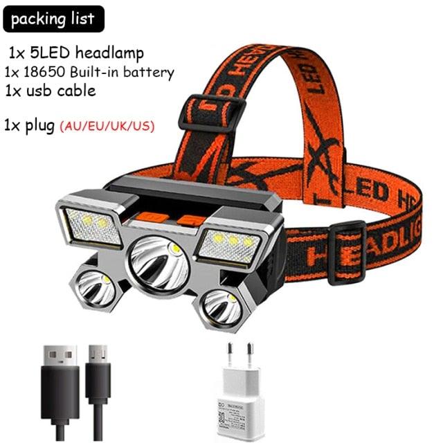 Rechargeable Adjustable USB 5LED Headlamp with High Lumen Handsfree Waterproof Portable Ability Focusing Ring Headlight Flashlight Torchlight For Outdoor Camping Hiking Running Headlight
