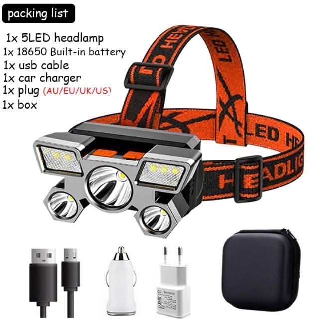 Rechargeable Adjustable USB 5LED Headlamp with High Lumen Handsfree Waterproof Portable Ability Focusing Ring Headlight Flashlight Torchlight For Outdoor Camping Hiking Running Headlight