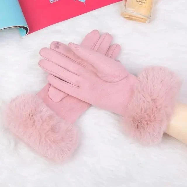 Red Winter Warm One Size Touch Screen Glove Female Fur Thick Driving Comfortable Gloves For Autumn