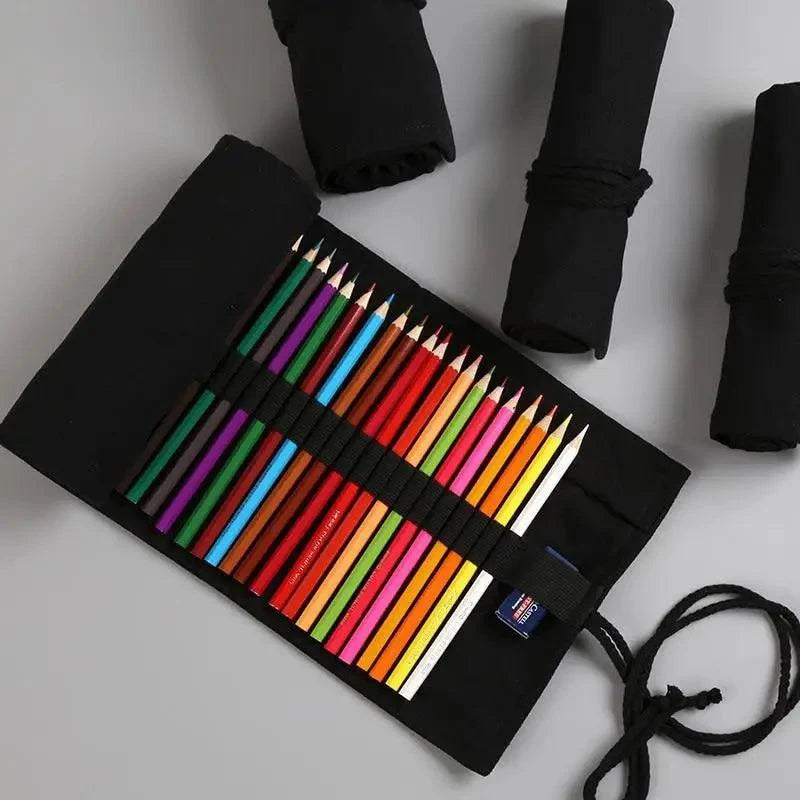 Students Roll Design Black Color Pencil Retro Canvas Wrap Up Pencil Case High Quality Stationary Pouch