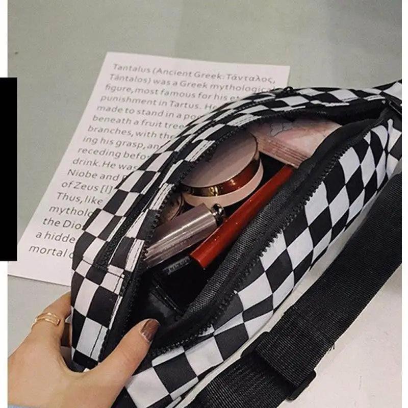 Stylish And Fashionable Fanny Bag For Women Rave Festival Bum Travel Waist Pack Black And White Checkered