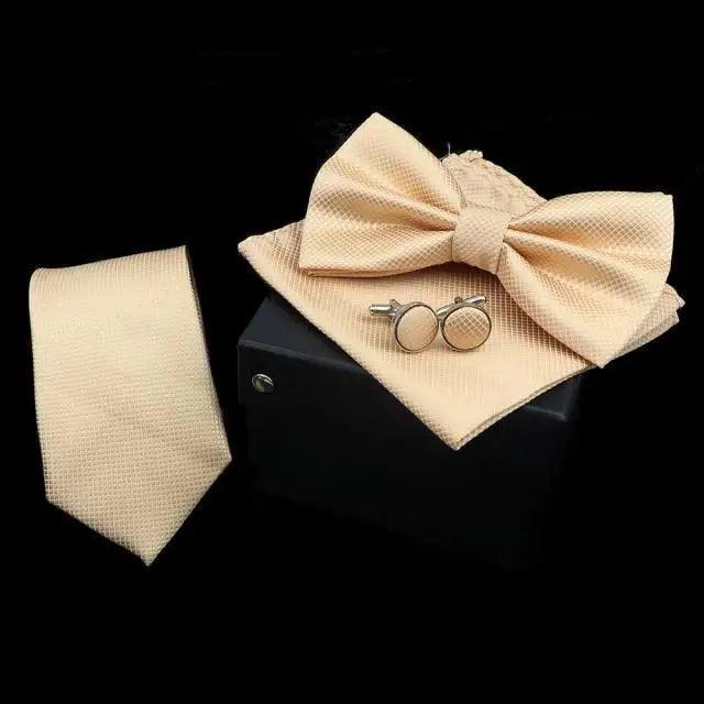 Stylish Solid Color Polyester Tie Bowtie Handkerchief Cufflinks Set For Men Butterfly Wedding Party Necktie Men's Fashion Bowtie