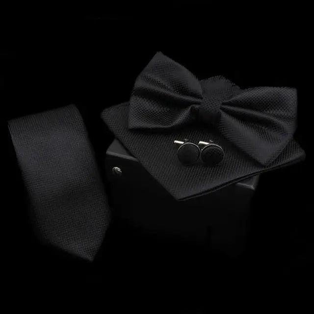 Stylish Solid Color Polyester Tie Bowtie Handkerchief Cufflinks Set For Men Butterfly Wedding Party Necktie Men's Fashion Bowtie