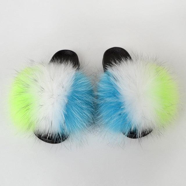Summer Women Raccoon Fur Slippers Plush Slides Furry Sandals Fluffy House Shoes Girl's Cute Flip Flops Sandal With Soft Furry Faux Fox Fur House Outdoor Multicolor Slippers