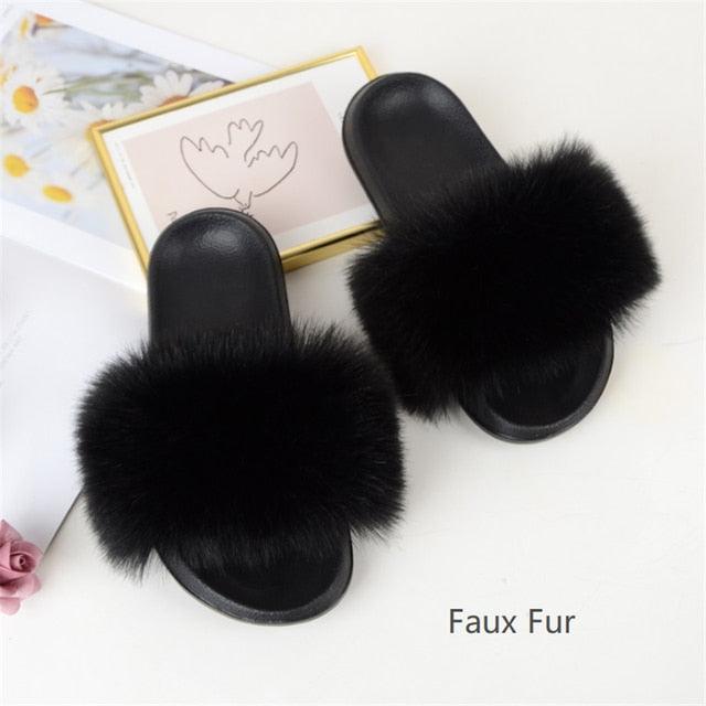 Summer Women Raccoon Fur Slippers Plush Slides Furry Sandals Fluffy House Shoes Girl's Cute Flip Flops Sandal With Soft Furry Faux Fox Fur House Outdoor Multicolor Slippers