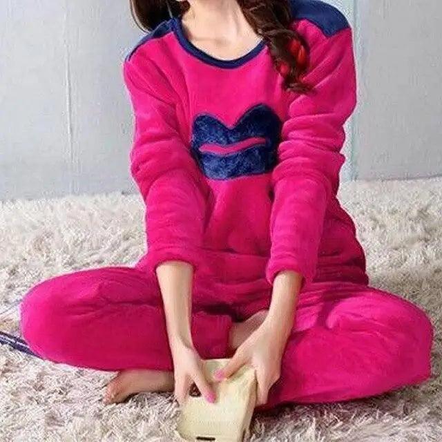 Trendy Pajama Women Thick Flannel Warm Female Winter Pajama Set Long Sleeve Full Trousers Two Piece Pajamas Cartoon Pajamas Women Pajamas Set Sleepwear Autumn Plus Size Top Long Pant Sleepwear Girls Pajamas