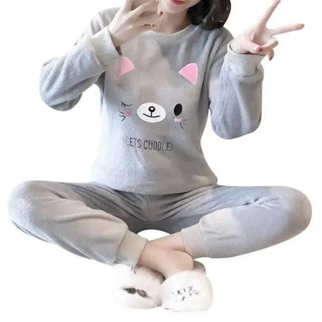 Trendy Pajama Women Thick Flannel Warm Female Winter Pajama Set Long Sleeve Full Trousers Two Piece Pajamas Cartoon Pajamas Women Pajamas Set Sleepwear Autumn Plus Size Top Long Pant Sleepwear Girls Pajamas