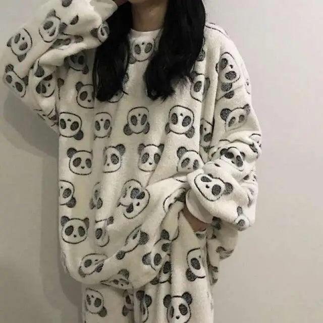 Trendy Pajama Women Thick Flannel Warm Female Winter Pajama Set Long Sleeve Full Trousers Two Piece Pajamas Cartoon Pajamas Women Pajamas Set Sleepwear Autumn Plus Size Top Long Pant Sleepwear Girls Pajamas
