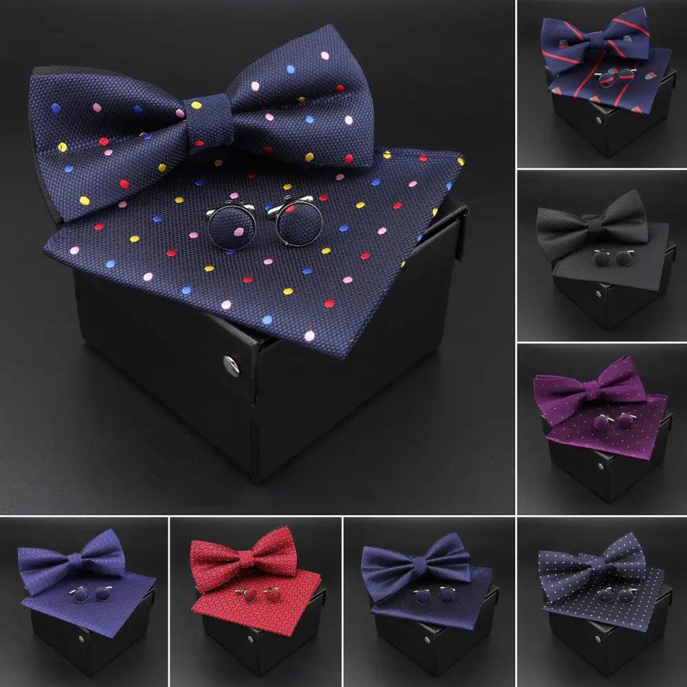Trendy Tiny Dots Print Bowtie With Pocket Square And Cufflinks Set For Men Retro Butterfly Party Wedding Bowties Without Box Stylish Ties Gift