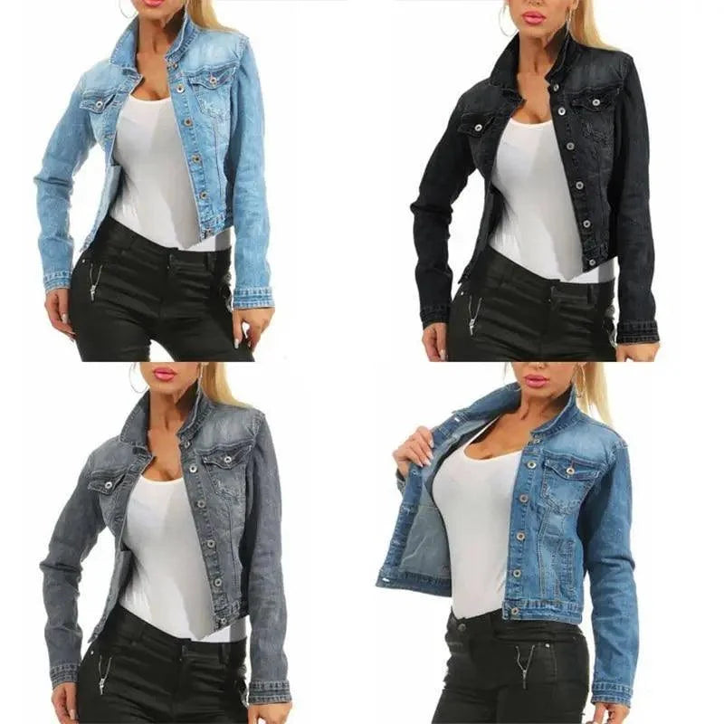 Unique Design Women's Denim Cropped Jacket Female Pockets Hole Short Jean Jackets Ladies Fashionable Button Casual Solid Coats