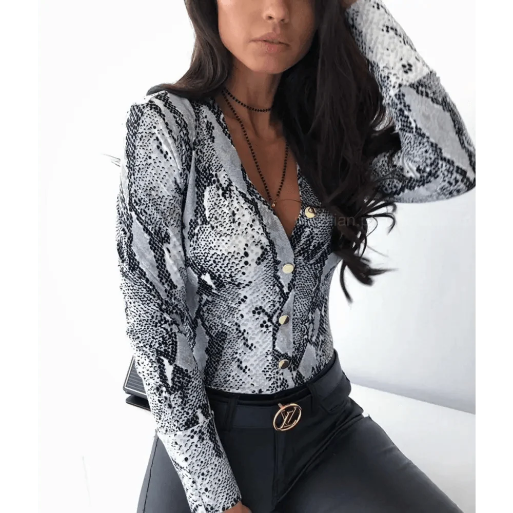 Unique Design Women's Snakeskin Leopard Print Blouse Ladies Casual Long Sleeve V-neck Button Down Bodycon Slim Fit Tops