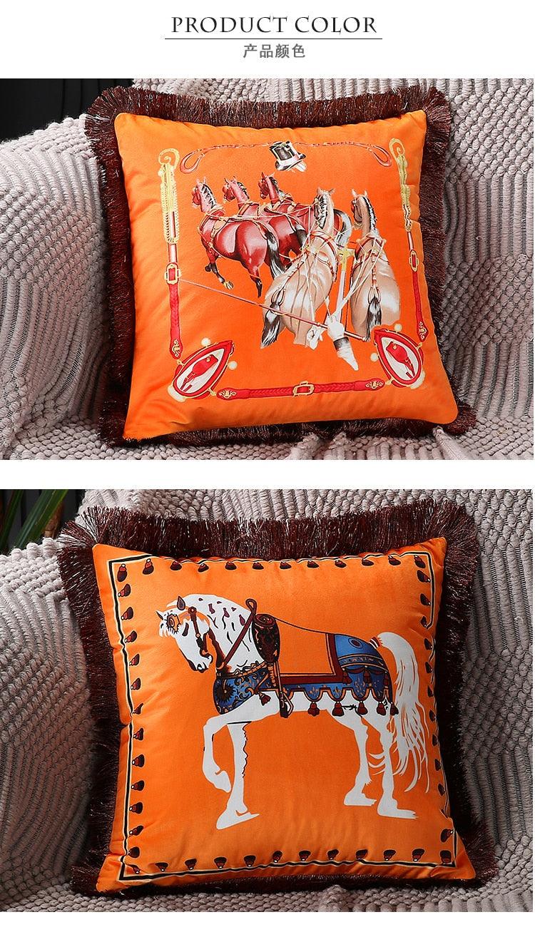 Unique Designed European American Luxury Printed Polyester Cushion Cover Horse printed Lumbar Cover Tassel Edge Modern Throw Pillow Covers Square Decorative Set Cushion Covers For Home Bed Couch Sofa Bench