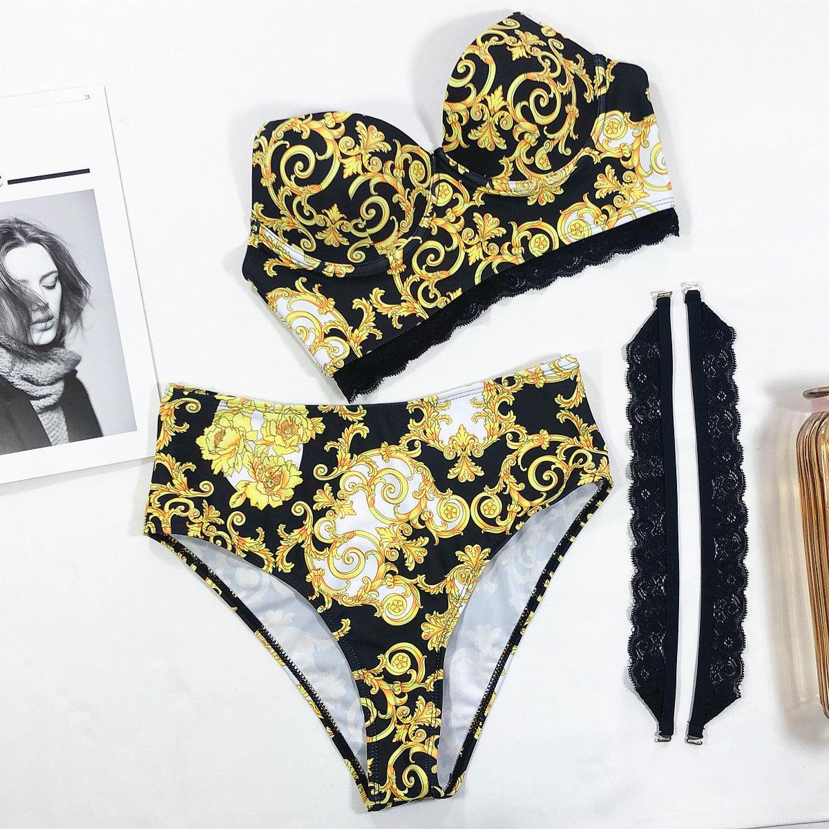 Vintage Black Print Women's Bikini Set Women's Halter Beautiful Print High Waist Swimsuit Bathing Suits Bikini Set Lace Strappy Padded Bra High Waist Bottoms Swimsuit Fashion Female Beachwear Luxury Swimwear