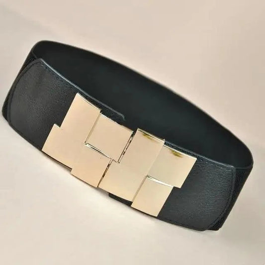 Vintage Black Square Elastic Buckle Belts Elegant Design High Quality Party Dress Waist Belt Cute Women Gift