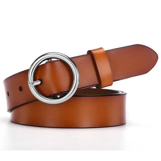 Vintage Simple Round Buckle Female Pin Leather Straps 105CM Belts For Women Unique Design Dresses Jeans Classic Round Waistband
