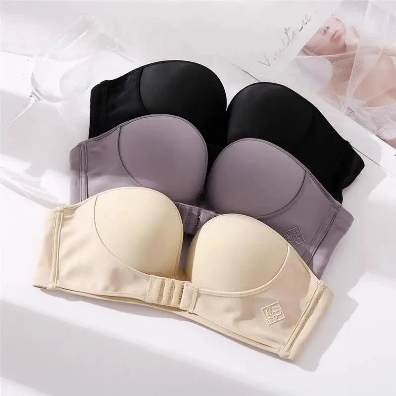 Vintage Style Front Closure Sexy Push Up Bra Women Invisible Bras Underwear Lingerie for Female Brassiere Strapless Seamless Bralette ABC Cup